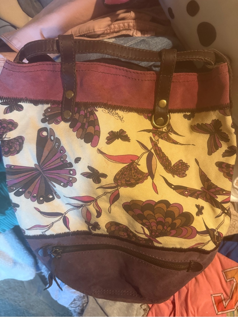 Canvas & Suede Floral Butterfly Bag - Pink/Brown
